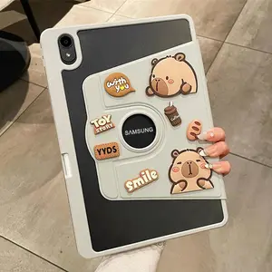 CrashStar 360° Rotatable Cute Capybara Pen Holder Hard Transparent Flip Tablet Case For Samsung Galaxy Tab A7 Lite A8 A9 A9+ A11 A11+ S6 Lite S7 S8 S9 S10 FE 8.7 10.4 10.5 10.9 11 inch Fashion Cartoon Acrylic Pad Cover Tablet Casing With Foldable Stand