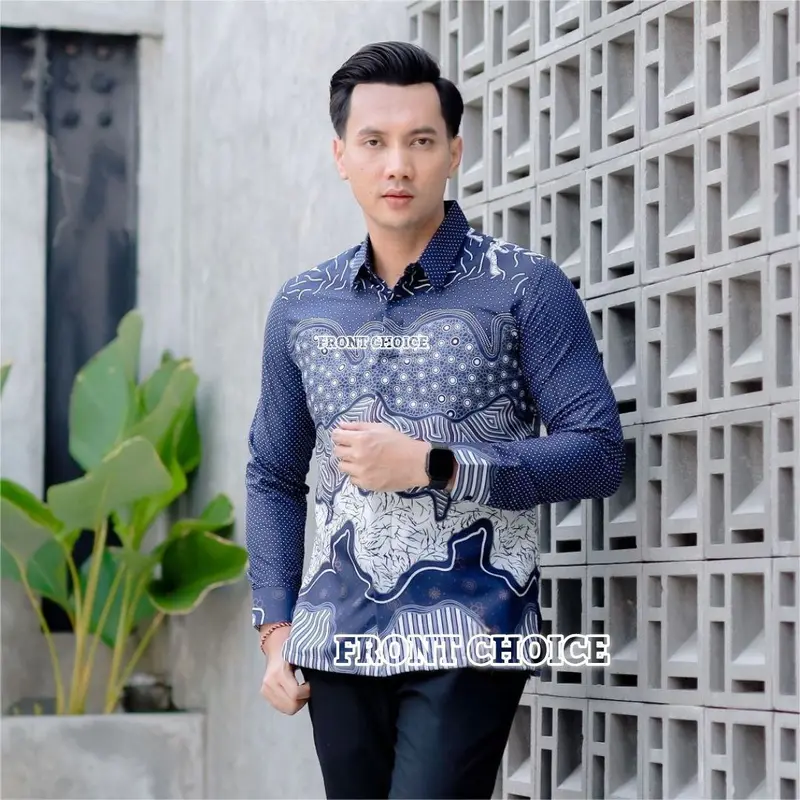 FRONT CHOICE - TERBARU COUPLE BATIK AYAH DAN ANAK LAKI LAK || KEMEJA BATIK PRIA DEWASA DAN ANAK LAKI LAKI MODERN MOTIF OMBAK BIRU 1