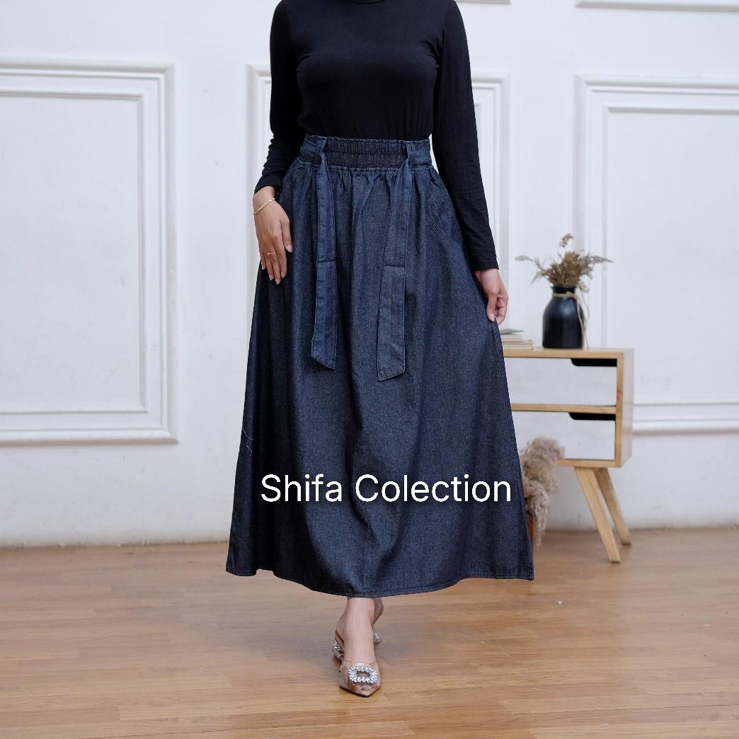 Rok Jeans Panjang Wanita Model Payung Fita Kekinian Bahan Original Jeans Wash Premium 6,5 Ons / Rok Jeans / Rok Panjang Wanita / Rok Jeans Jumbo / Rok Jeans Panjang BB ± 35 - 85 kg Denim Nyaman Variasi Hitam Biru Navy Samping