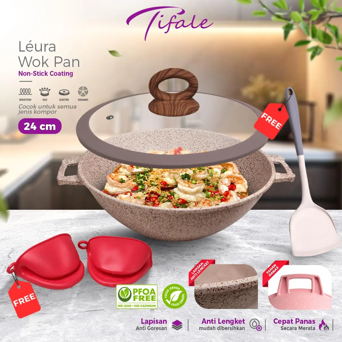 [NABUNG 13 AUG] Tifale Léura Wok Pan 24cm - Wajan Anti Lengket Serbaguna PFOA Free + Bonus Spatula dan anti panas
