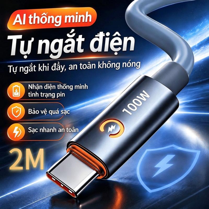 2m 100W fast-charging silicone cable, with AI-powered automatic power cut-off when the cable is too long, fully compatible, and supports fast charging.