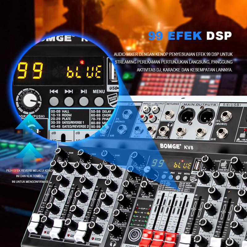 BOMGE 4/6 Channel Audio Interface Sound Board Mixing Console 16-Bit 99DSP DJ Mixer Audio Reverb Effect +48V Phantom Bluetooth Studio Audio Mixer For Karaoke Studio Streaming 3
