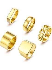 注目 メンズ用 14金ゴールドリング5点セット｜ステンレススチール製サインカラーリング／小指・親指用／厚手キューバンリンクチェーンリング｜クールな指輪｜結婚指輪（サイズ7〜15）｜人気商品