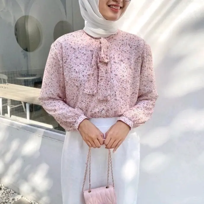YOONHEE KEMEJA WANITA LEHER TALI WARNA DUSTY PINK LUCU WARNA KALEM Baju Panjang Shakila Atasan 0