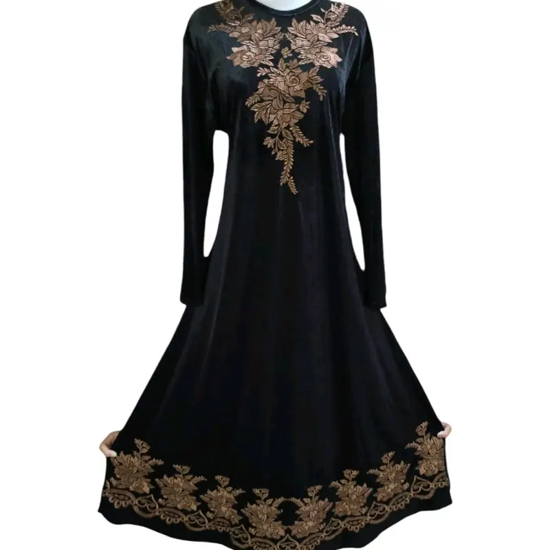 Gamis Abaya Bludru Premium Motif Bunga Mawar Terbaru Mewah Cantik Muslim Wanita Hitam Arab Dress Turki - Syari,Remaja Tangan Lembut Bordir 2