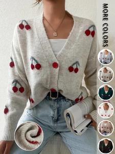 Cárdigan de punto con frente con botones y patrón de cerezas para mujer, elegante cárdigan suéter de manga larga para otoño e invierno, ropa de punto para mujer para uso diario