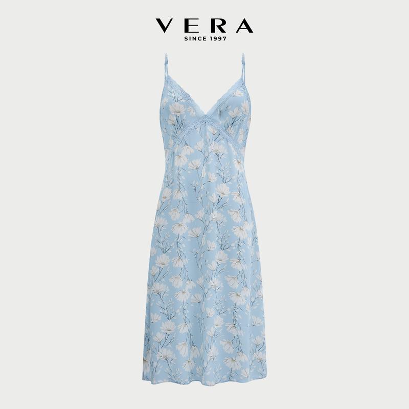 Đầm lửng nữ Vera rayon in phối ren hai dây - V0828