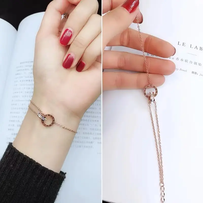 072 Gelang tangan kaki angka romawi cincin ganda titanium berlapis emas warna gold aesthetic Elegan