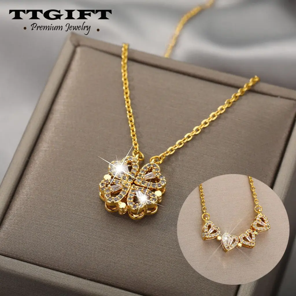 Women's stainless steel love folding four leaf clover necklace