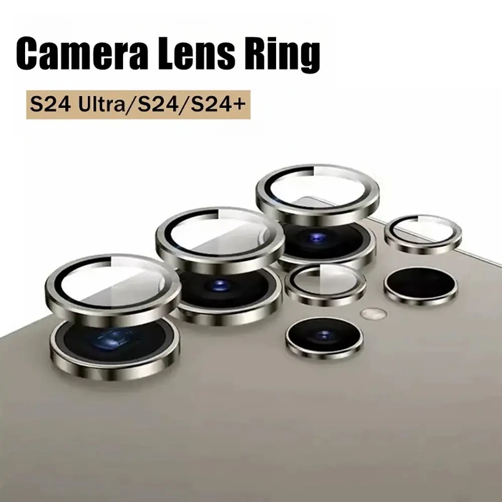 1Pcs Tempered Glass Camera Metal Ring New Protective Rear Case Cap Camera Lens Protector Black Guard Back Lens Cover for For Samsung Galxy S24 Ultra S24+
