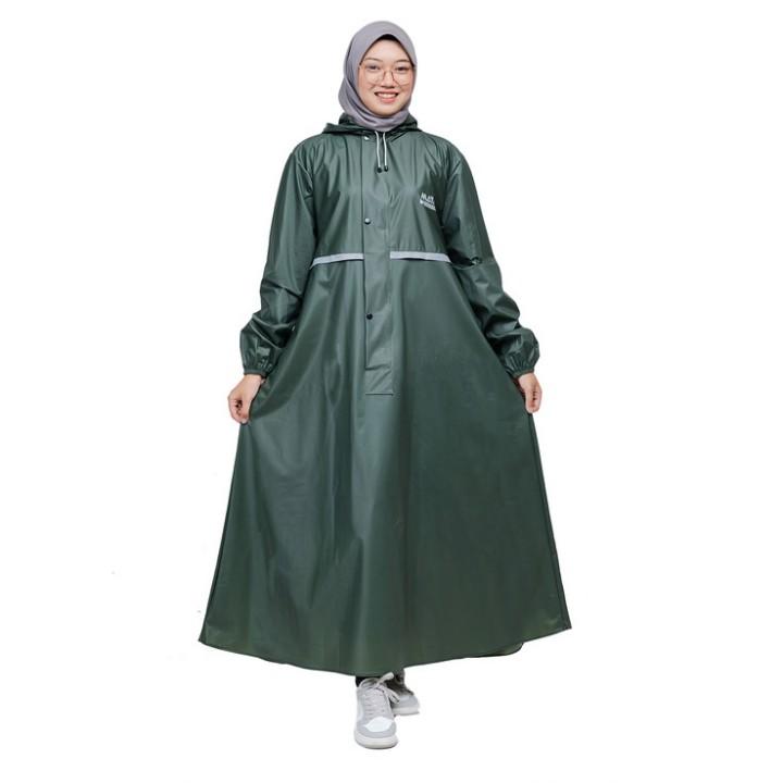 Jas hujan gamis wanita, mantel gamis wanita dewasa jumbo tebal elastis bahan PVC karet premium tahan air hijau Syari 1