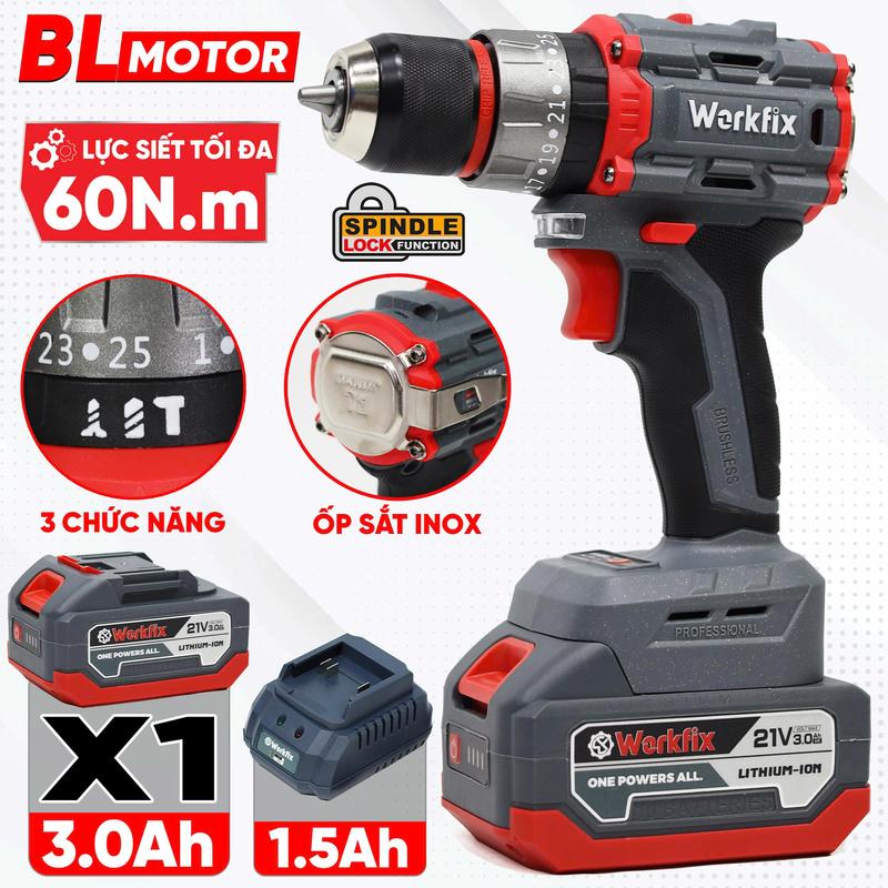 Máy Khoan 3 Chức Năng Workfix ID2110BL - Đầu Kẹp 10mm Auto Lock - Brushless Motor - Chân Pin Phổ Thông 1 Pin 21V 3.0Ah- Bảo Hành Chính Hãng 6 Tháng