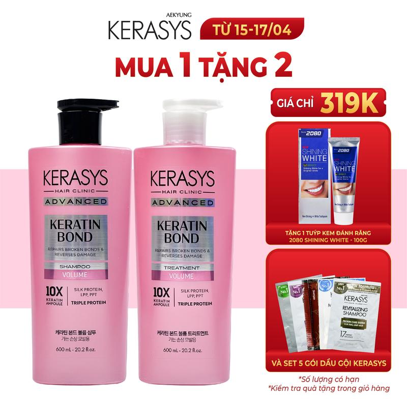 Cặp dầu gội xả Kerasys Advanced Keratin Bond Hàn Quốc phục hồi chuyên sâu tóc hư tổn, làm phồng tóc và hỗ trợ ngăn ngừa rụng tóc