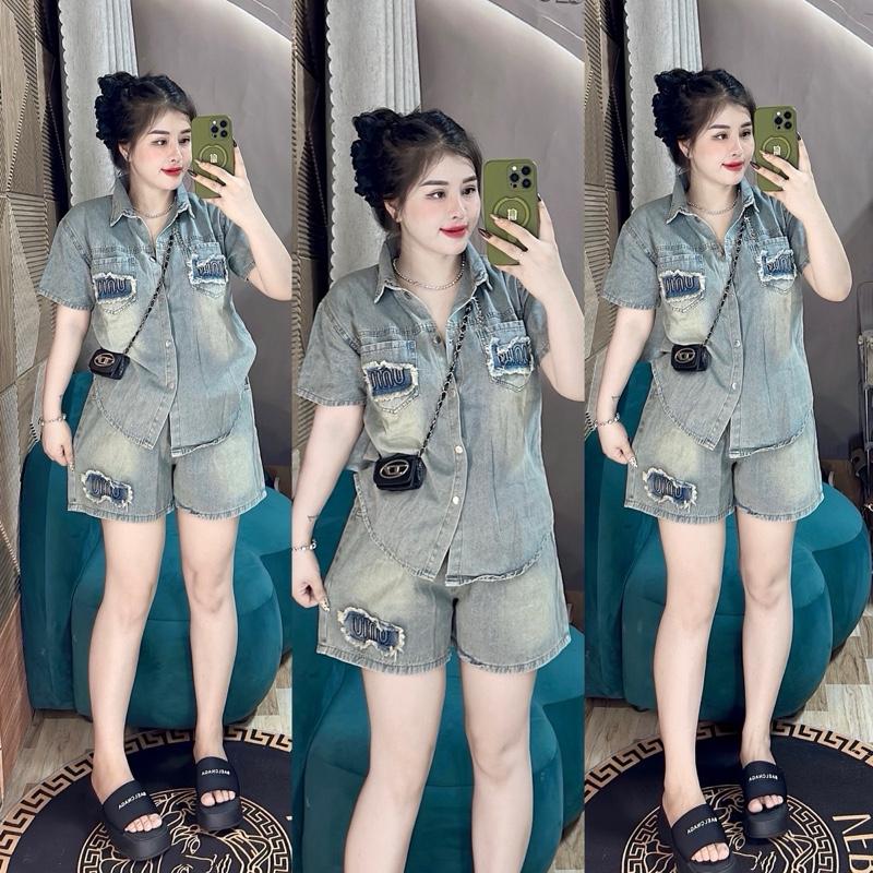 Bộ jean KO GIÃN,Áo tay ngắn túi màu Frorm Rộng quần đùi LƯNG THUN có túi Top Women Nữ