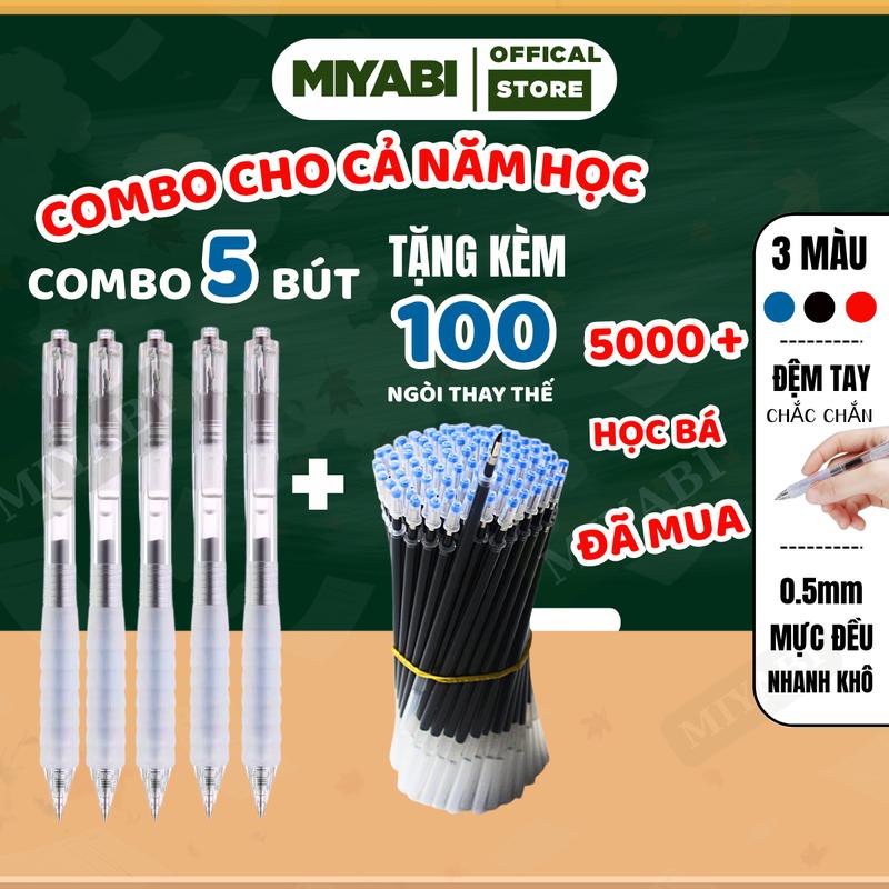  COMBO 5 bút bi nước + 100 ngòi bút bi nước 0.5mm  ruột bút ST tiêu chuẩn nhanh khô  mực mịn - MIYABI STORE 