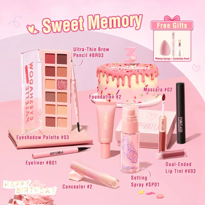 [Official]PINKFLASH #Happy3Journey 3rd Anniversary Makeup Sets 8PCS Beauty set makeup kit face makeup Eyeshadow Eyeliner Mascara Concealer Blush Eyebrow Liquid Loose Palette Foundation Lasting Cover Kosmetik 3