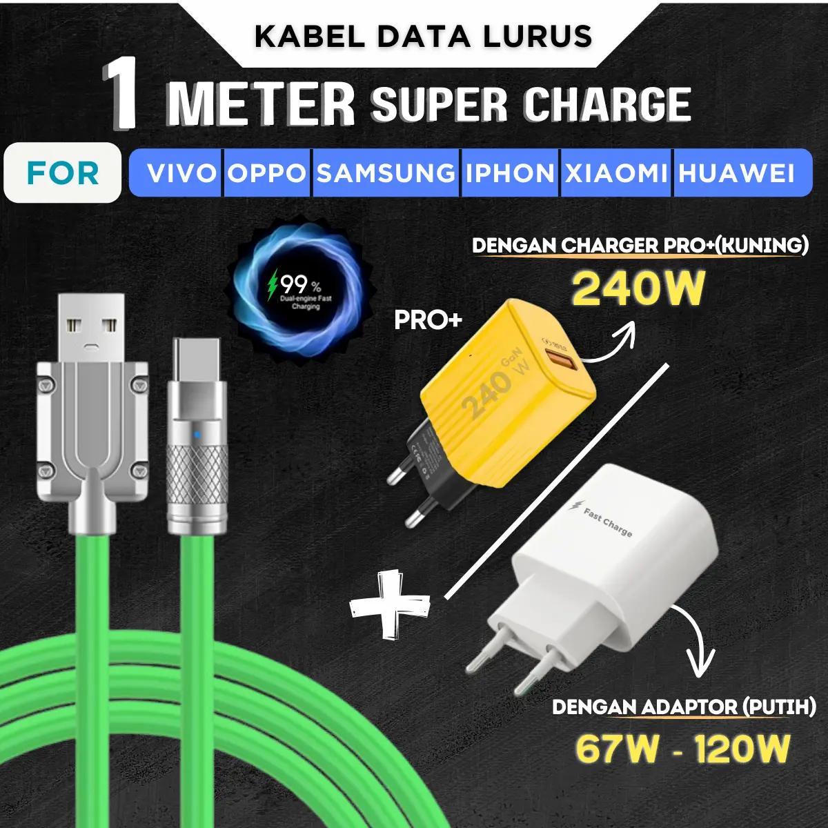 IDONEZ【Tidak Rotasi 1 Meter】Kabel Data Tipe C Fast Charging 1 Meter Silikon mendukung 67W - 240W Pengisian Cepat Type C Ios Lightning  Mikro UsbPengisian Cepat Untuk HP Android Realme VIVO OPPO Infinix HUAWEI XIAOMI Samsung Cable Metal Charger
