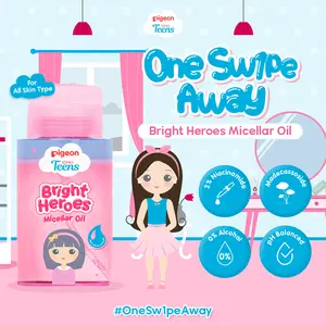 PIGEON TEENS BRIGHT HEROES MICELLAR OIL 100 ML| Micellar Oil Pembersih Wajah Double Cleansing| Skincare & Oil Infused|Make Up Remover| Semua Jenis Kulit| Niacinamide 2%