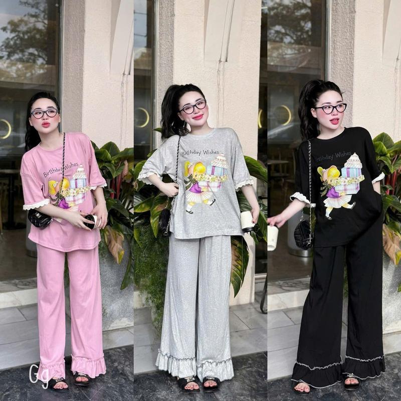  Set đồ bộ nữ chất thun tăm phối viền bèo 3 màu thiết kế in họa tiết mix quần dài ống xuông nhẹ nhàng thanh lịch xinh xắn cho các nàng đi chơi đi dạo phố. Women Top 