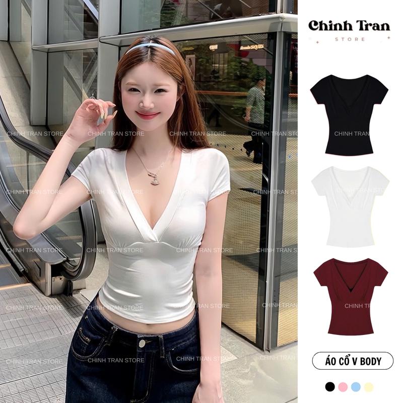 Áo Thun Cổ V Khoét Sâu Ôm Body Thắt Eo Chất Thun Cotton Co Giãn Nhiều Màu Nữ Tính
