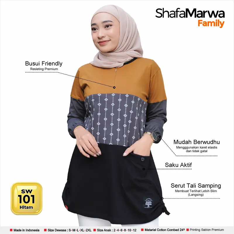 Shafamarwa Kaos set Couple Keluarga Baju Atasan Tunik Sarimbit Family rekomendasi Lebaran Ayah Ibu Wanita dan Anak Cowok Cewek SM101 Hitam Muslim Pasangan Dewasa Katun 2