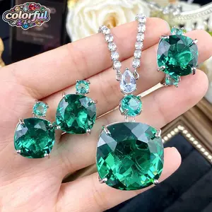 COLOS18 Kalung safir berlian penuh mode kelas atas gaun makan malam wanita anting Fanta cincin zamrud set batu permata berwarna