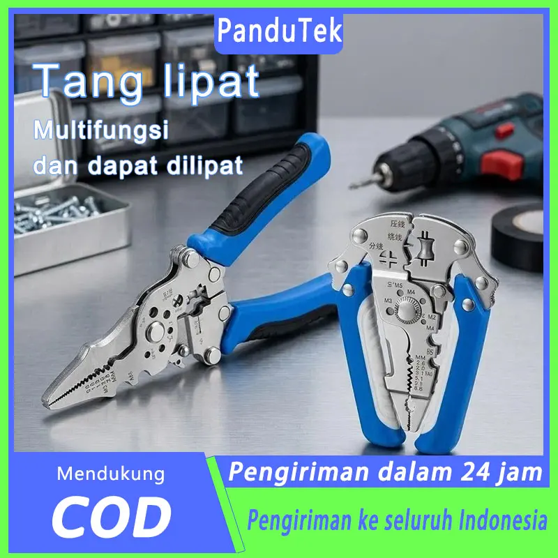 PanduTek Tang Lipat 26 in 1 Bahan Krom Tang Pengupas Kabel Perkakas Serbaguna Alat Listrik Multifungsi Anti Selip & Anti Lepas Bengkel