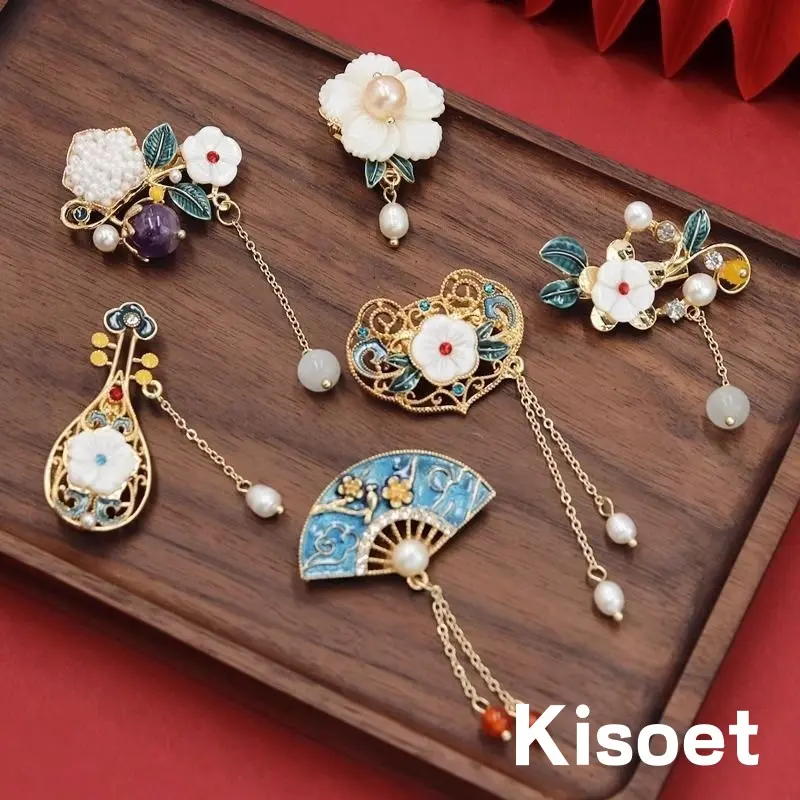 [Kisoet] Bros Wanita Logam Emas Mutiara Bunga Enamel Rantai Gantung Kipas Batu Permata Aksesoris Q455