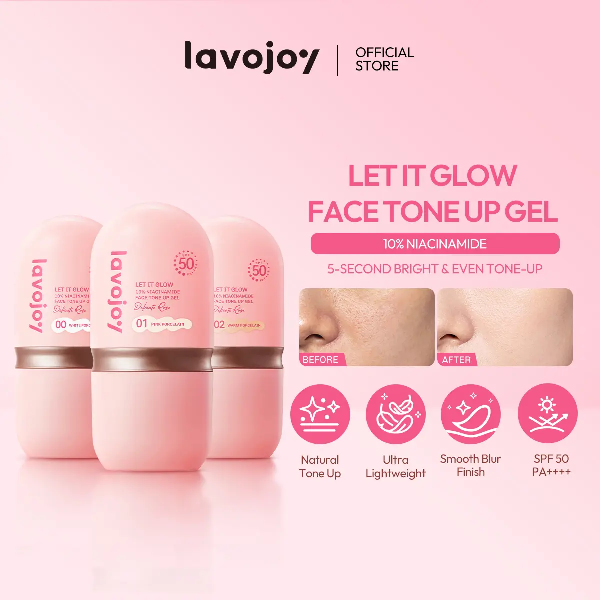 [NEW LAUNCH] lavojoy Let It Glow 10% Niacinamide Face Tone Up Gel Delicate Rose | 3in1 face tone up+primer+sunscreen | Makeup base & Tone up wajah | Sunscreen tone up mencerahkan kulit wajah | Serum Mencerahkan Wajah