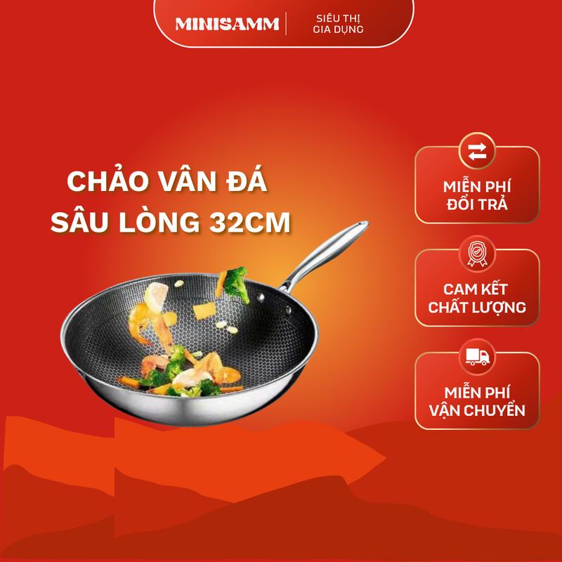 Chảo Chống Dính Sâu Lòng 32 cm Vân Đá Tổ Ong Hàn Quốc Dùng Được Cho Mọi Loại Bếp Chất Liệu Inox 3 Lớp Cao Cấp Tiện Dụng