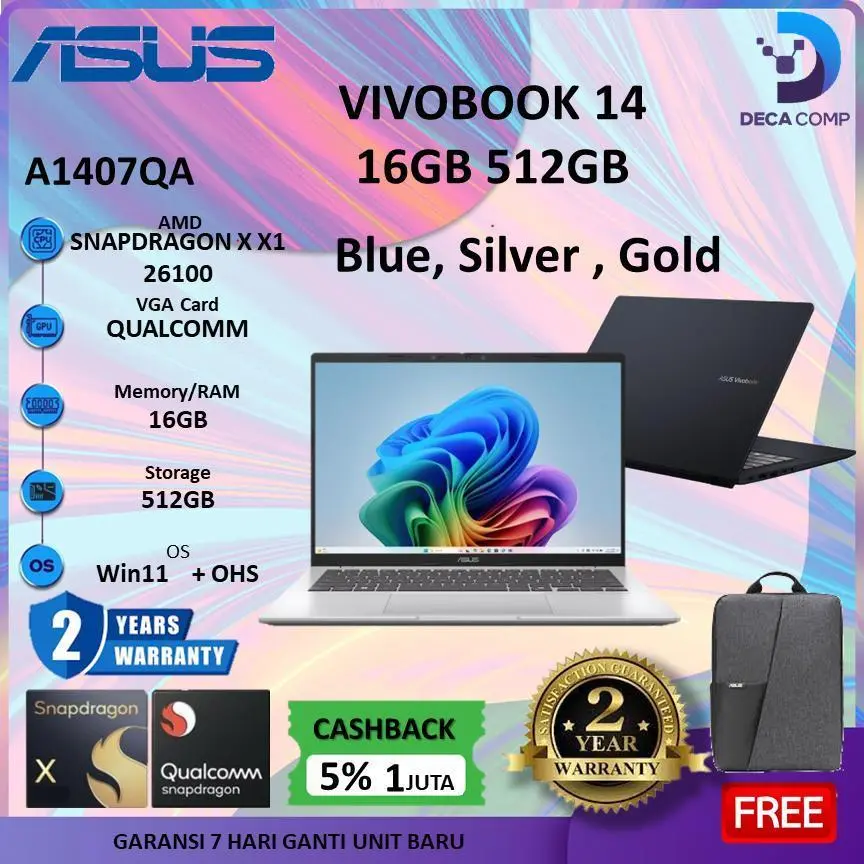 ASUS VivoBook 14 SNAPDRAGON X X1 26100 16GB 512GB/1TB W11+OHS 14.0 WUXGA IPS /A1407QA