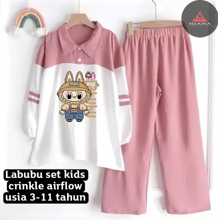 Setelan Anak Perempuan Labubu SetKids Lengan Panjang Usia 3-11 Tahun - Fashion, Bahan Crinckle Super Premium - Baju, Celana