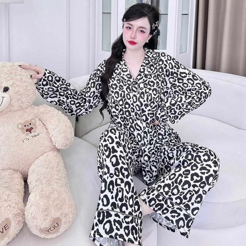 đồ bộ pijama dành cho nữ chất liệu lụa latin cổ Vest , tay ngắn , tay dài , in họa tiết beo màu trắng đen   sang trọng bigsize 60 đến 90kg