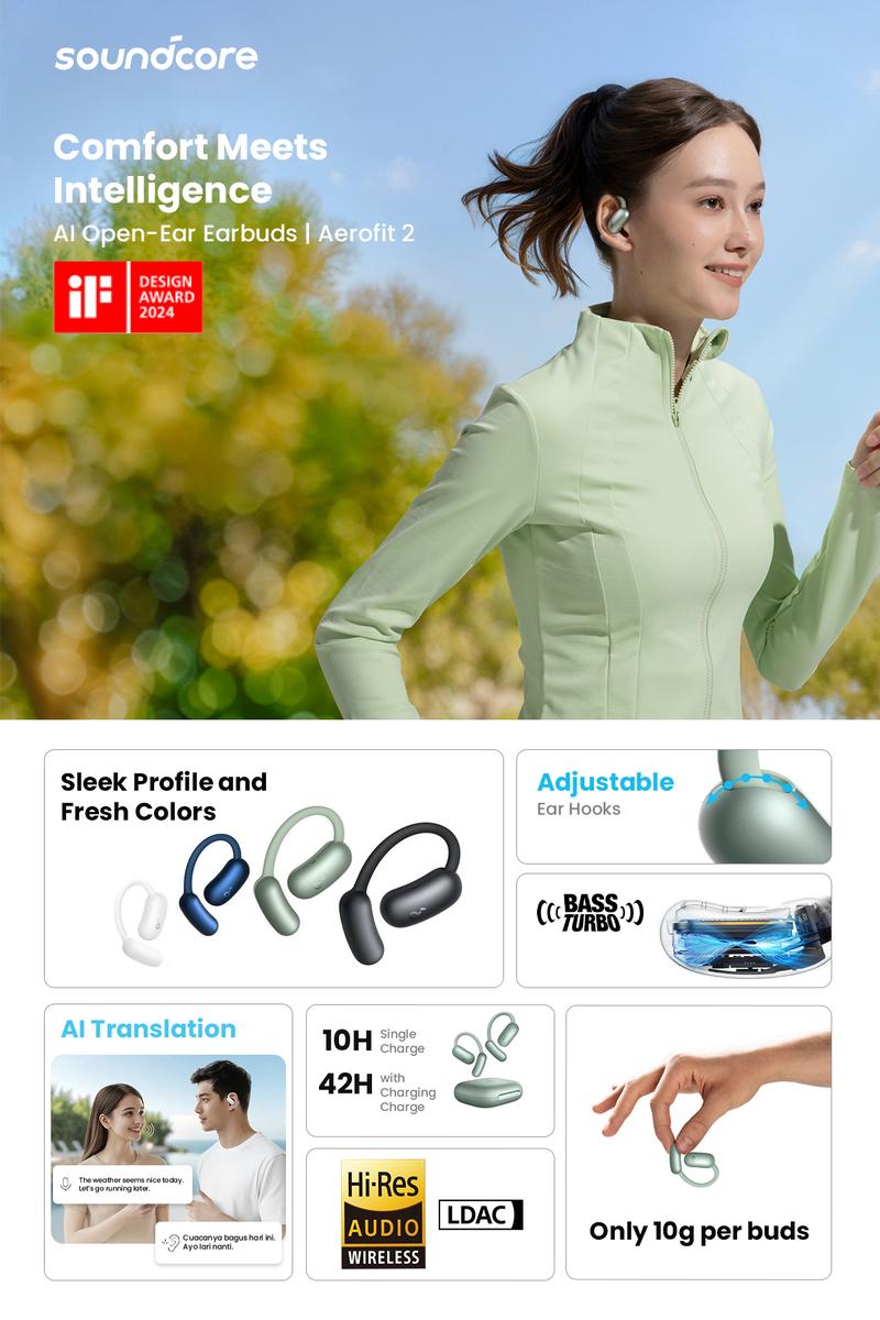 Product Introduction of Soundcore by Anker AeroFit 2 OWS Open Ear Earbuds Hi-Res Wireless Audio LDAC AI Translation Clear Calls IP55 with Wireless Charging - A3874 0