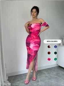 Vestido de verano para mujer con estampado de malla, hombros descubiertos, fruncido y falda con abertura; moderno, perfecto para viajes, playa y fiestas