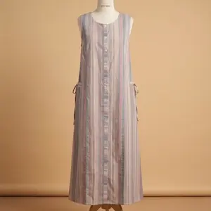 Gaun overall kotak-kotak katun yarn dyed Wanita Panjang Motif Dress