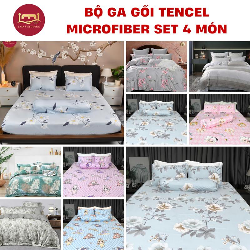 SALE TẾT Bộ Ga Gối Tencel Microfiber Set 4 Món LALA's BEDDING Mềm Mịn Mượt Mát 2 Vỏ Gối Nằm 1 Vỏ Gối Ôm 1 Ga Giường Bo Chun Chất Liệu 60% Cellulose 40% Microfiber bộ chăn ga gối nệm mùa đông