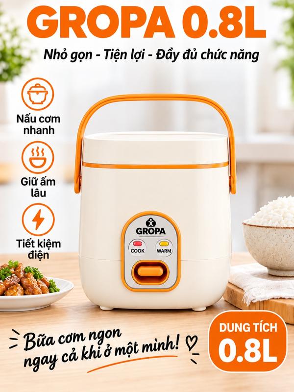 Nồi Cơm Điện Đa Năng GROPA 0.8L _ Chống Dính Siêu Bền, kiểu dáng sang trọng. Tặng Giá Hấp (BH 12 tháng)