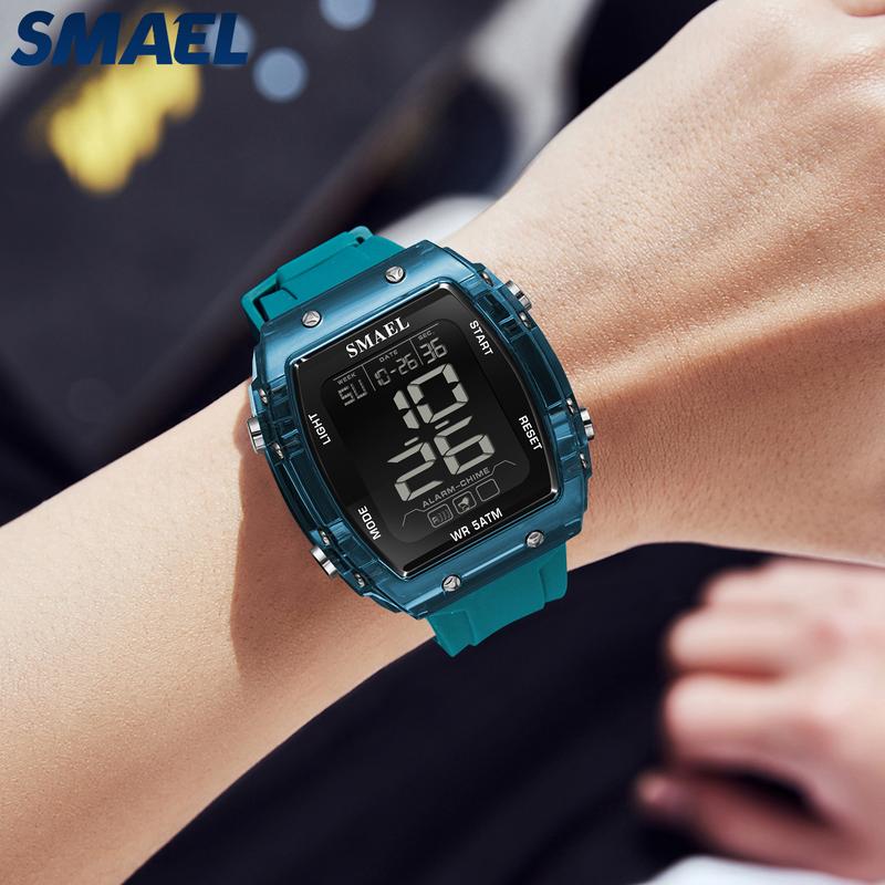 Đồng Hồ Điện Tử Thể Thao, SMAEL, Thiết Kế Hình Thùng Rượu Ngầu Thời Trang, Trong Suốt, Đa Năng, Thích Hợp Để Bơi Lội Và Chống Thấm Nước, Phong Cách Hipster Dành Cho Nam Giới, Thích Hợp Cho Học Sinh, Đồng Hồ Nam