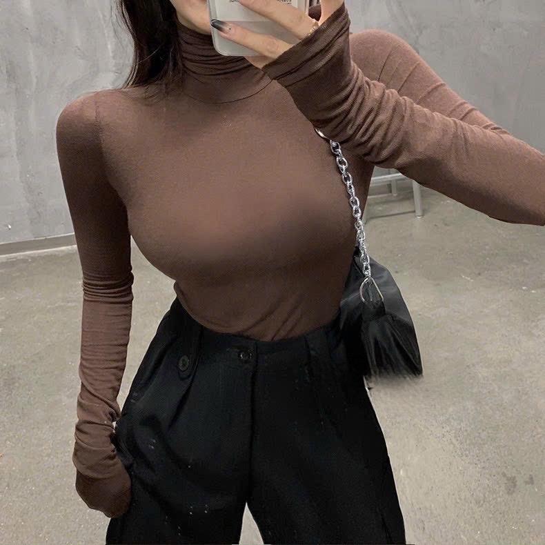  Áo Thun Giấy Body Cổ Cao Chất Co Giãn QCL1 4 Màu    Lưu ý: Thun giấy mỏng Áo giữ nhiệt ôm sát Nữ Women Top Cổ Tròn Đen 