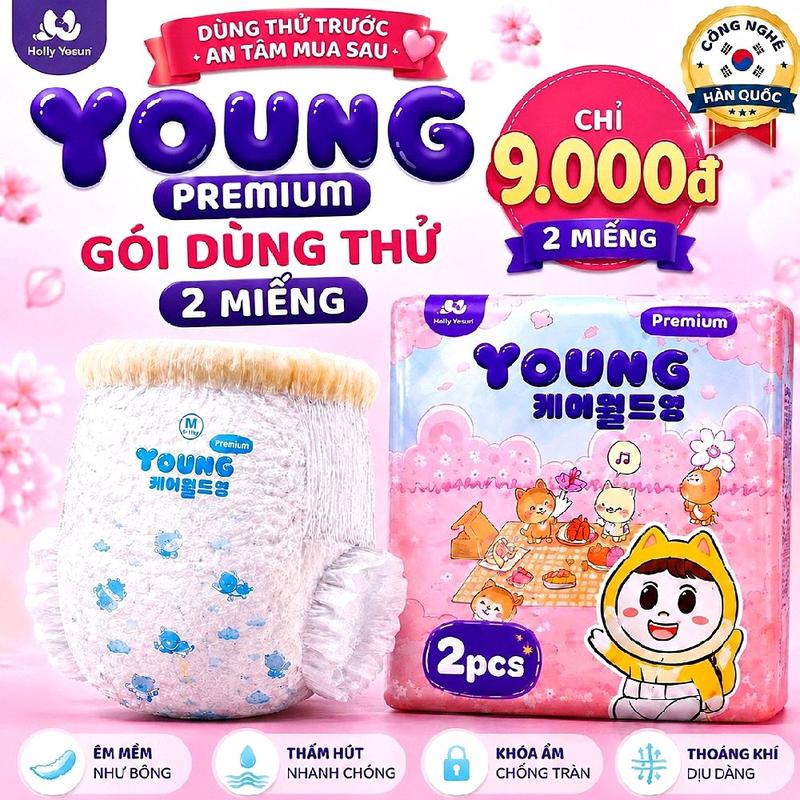 Tã dán/ Tã quần Young Premium gói dùng thử 2 miếng siêu mềm, thấm hút tốt cho…