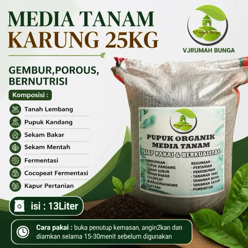 Media tanam organik subur kemasan karung 25kg siap pakai Tanah pupuk media tanam