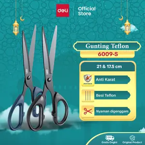 Deli Gunting Teflon / Scissor Anti Karat Nyaman Digenggam 6009-S Hitam Stainless