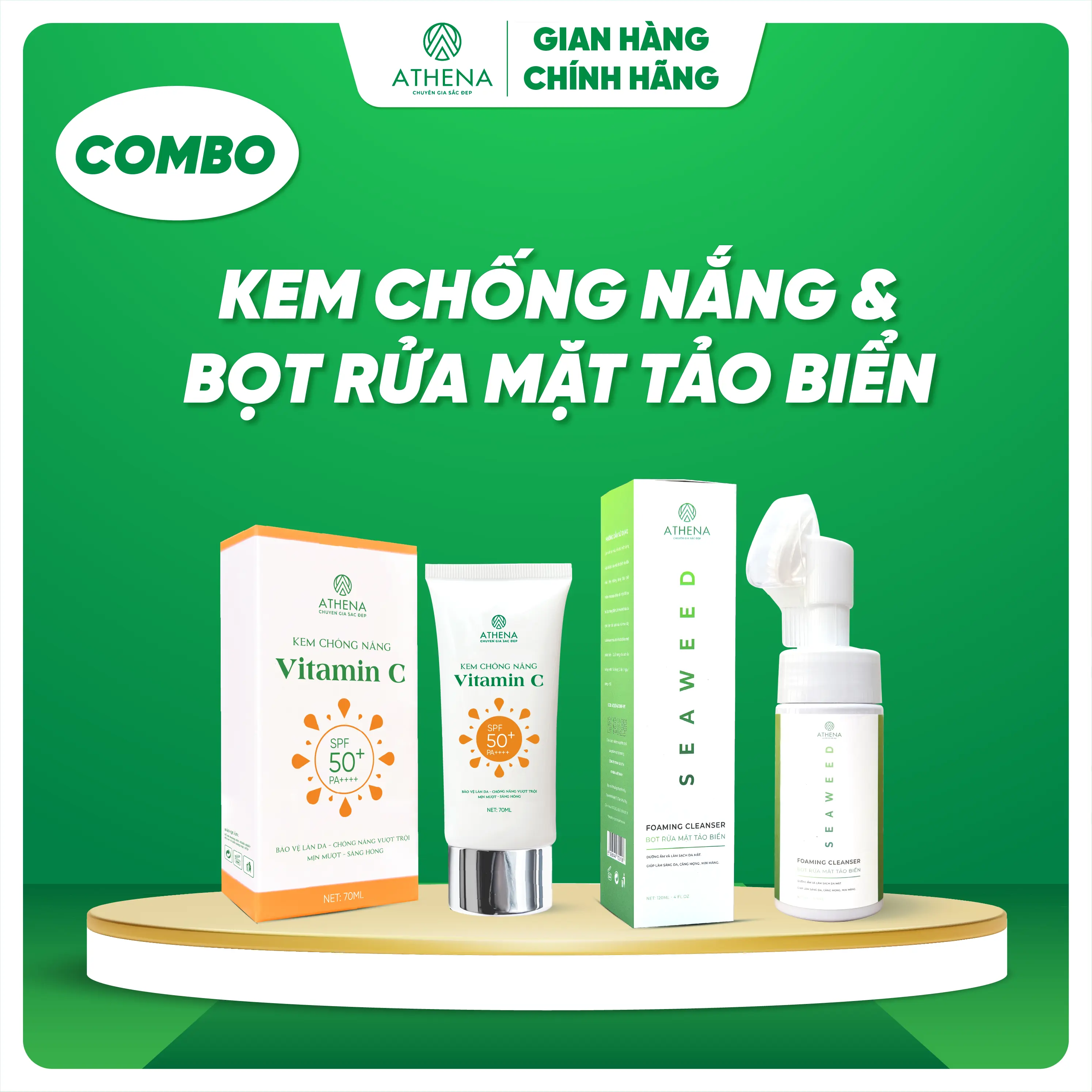 Combo kem chống nắng + Bọt rửa mặt tảo biển - Giúp bảo vệ da, làm sạch bụi bẩn Skincare  Vitamin C Serum