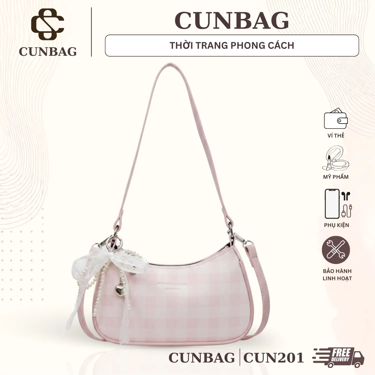 [Tặng Nơ Ngọc] Túi Xách Nữ Đeo Chéo Đeo Vai Kẻ Caro Kèm Charm Nơ Tym Ngọc Dễ Thương CUN201