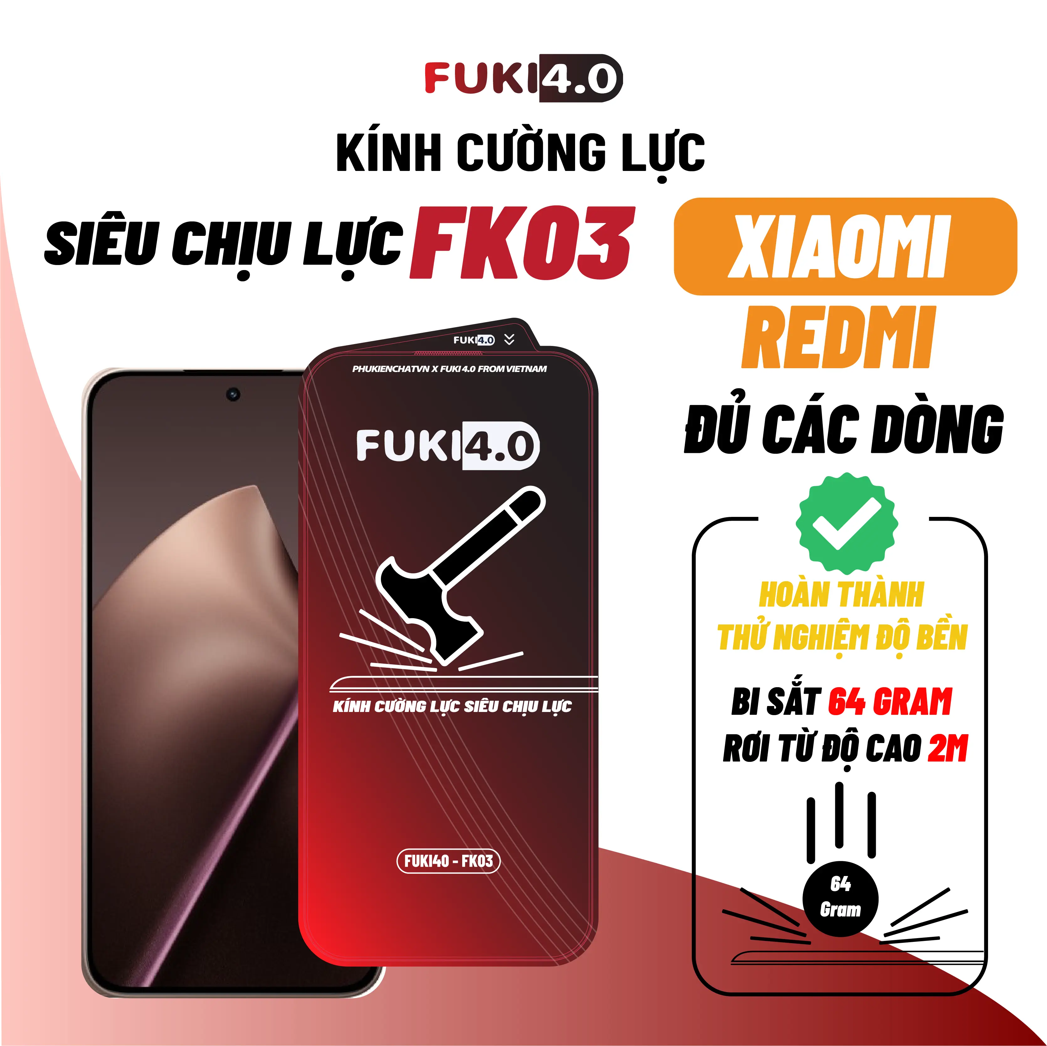 Kính cường lực siêu chịu lực FUKI 4.0 FK03 cho Xiaomi Redmi Note 15 14 13 12 11 10 Pro 9s turbo 3 4 K30 K40 K50 Gaming 13C 14C 12C 10C 10A A1 10X 9 9A 9C 9T 8 7 12 15 15T 14T 14T Pro 13T 13t pro 11t 11t pro mi 11 lite