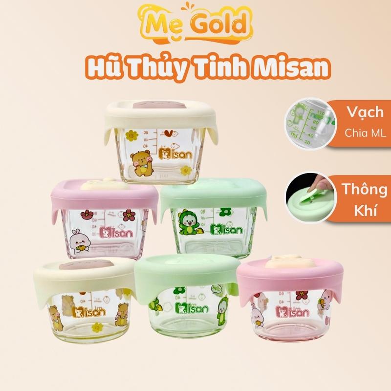 Hộp trữ đông ăn dặm thủy tinh Misan có vạch chia Cốc nấu cháo thủy tinh Misan đựng đồ ăn dặm cho bé size 110ml và 140ml Silicone Voi