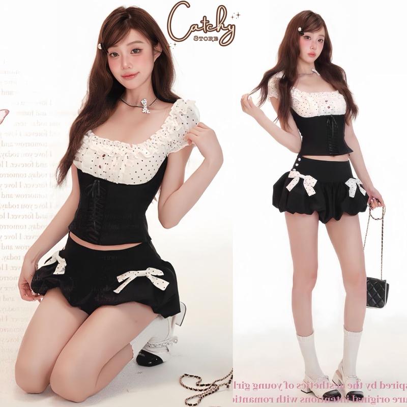 Set Áo Corset Tay Phồng Cổ Vuông Chấm Bi Phối Quần Bí Ngắn Đính Nơ Xinh Xắn Tiểu Thư CATCHYstore