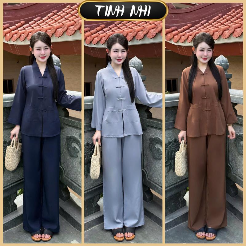 TINH NHI đồ lam cho nữ phật tử đi lễ đi chùa chất lụa tuyết cổ V thanh lịch PP348