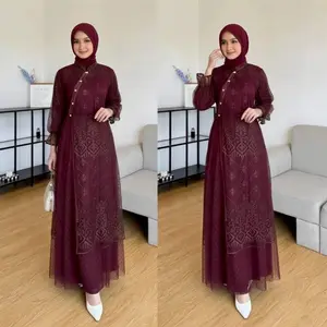 Gamis Midi Dress Maroon Elegan dengan Detail Bordir dan Lengan Panjang untuk Tampilan Mewah